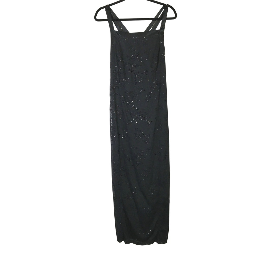 CDC Petites Glitter Floral Mesh Overlay Maxi Dress 14P Black Flocked‎ Velvet